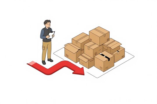 Isometric Vector of Warehouse Worker with Cardboard Boxes and a Red Arrow Pointing Down Showing Decreasing Inventory and Supply Chain Decline