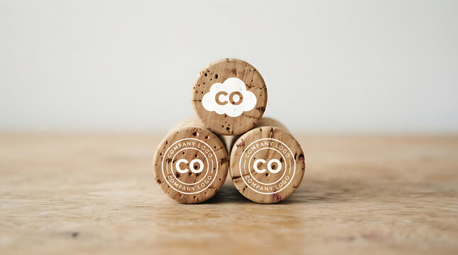 Three wine corks stacked on wooden table
