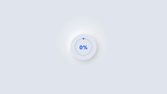 Circular white smart device displaying zero percent on a blue digital screen mounted high on a plain light gray wall surface in a minimalist interior.