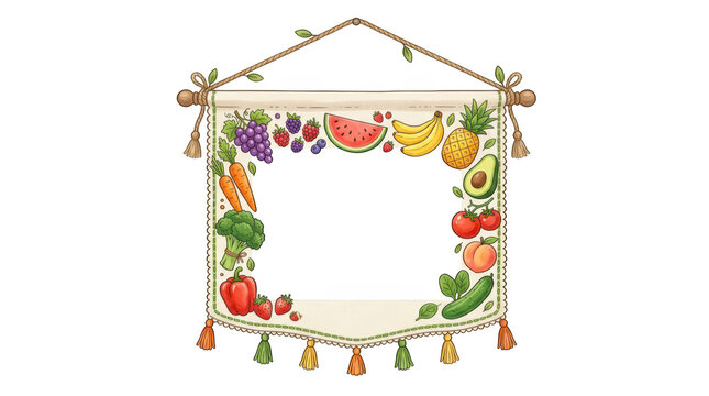 Decorative wall hanging banner decorated with various fresh fruits and vegetables isolated on transparent background
