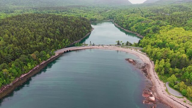 Aerial of the Otter Cove stone bridge and causeway in Acadia Maine