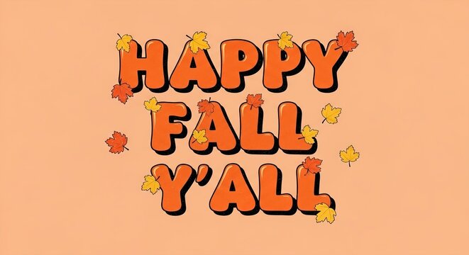 Happy Fall Y'all quote retro typography graphic. Orange bubbly block letters with black drop shadow. Decorative autumn maple leaves scattered around text. Warm pastel peach background