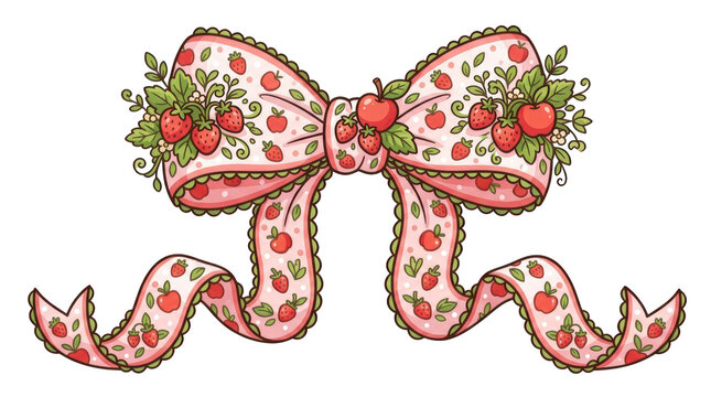 Illustration of a decorative ribbon bow with strawberries and apples isolated on transparent background