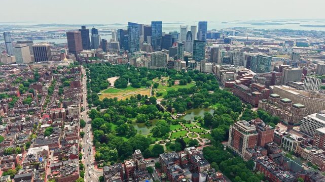 Aerial view of the Boston Public Garden and downtown skyline