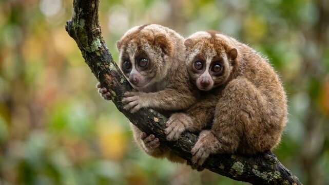 two lorises close up at morning light in southeast asian tropical forest video