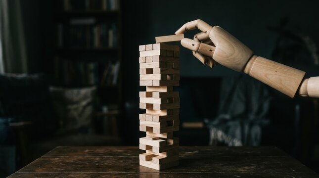 Wooden mannequin hand placing a block on a jenga tower