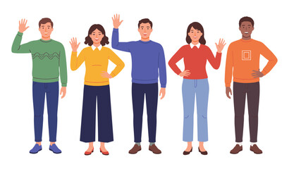 Obraz premium A diverse group of happy young men and women standing together and waving their hands in greeting
