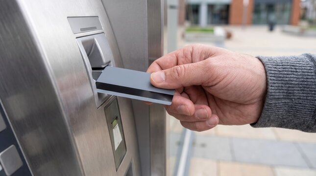 Mature hand holding a grey credit card while inserting it into a metallic automated teller machine for daily financial transactions