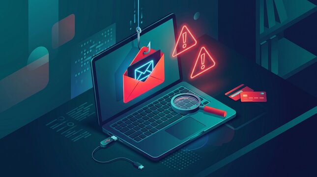 Digital laptop displaying an email phishing attack with glowing red warning signs and credit cards under a metallic fishing hook