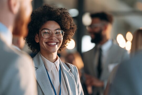 Smiling businesswoman with afro hair and glasses at office networking event or business meeting