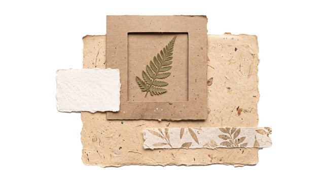 A delicate collection of handcrafted paper, featuring a preserved fern within a rustic frame, showcases natural textures and botanical elements, evoking a sense of artisanal craft and organic beauty.