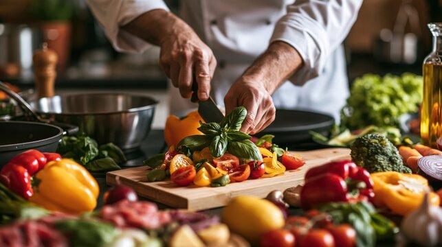 A chef in a white uniform is preparing a dish in a professional kitchen.