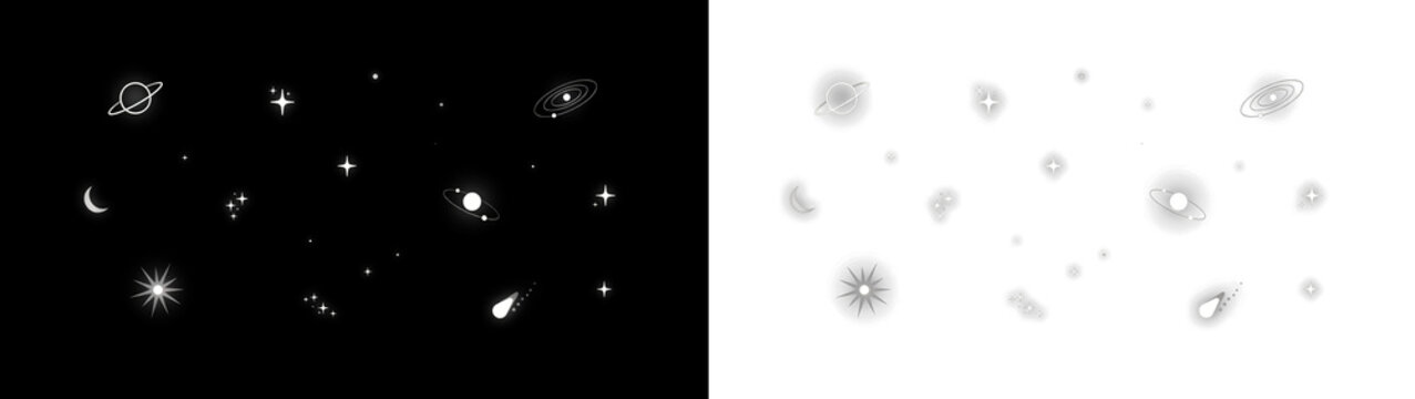 Set of hand drawn celestial elements including planets, stars, moon, and comet, cosmic space icons for design, vector illustration isolated on transparent background
