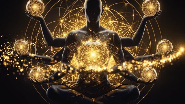 Modern vector illustration of multi armed cosmic meditator with glowing golden crystal spheres rotating slowly on seamless dark gold background in seamless looping animation