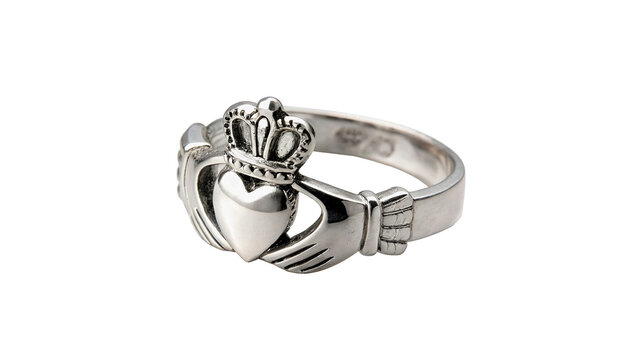 Classic silver metallic Irish claddagh ring jewelry isolated on transparent background