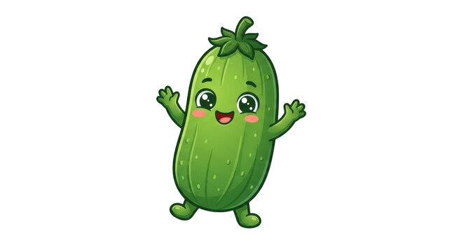 Cute cartoon cucumber character with a happy face isolated on transparent background