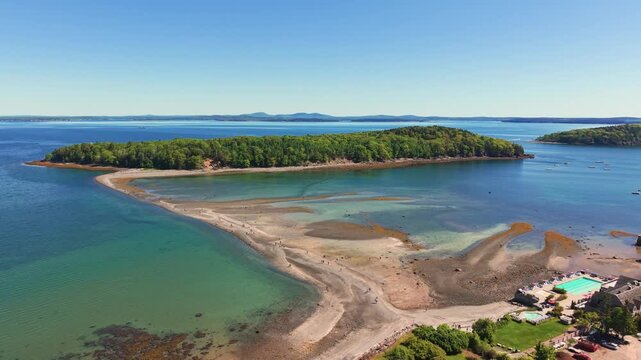 Aerial view of the low tide sandbar to Bar Island in Bar Harbor