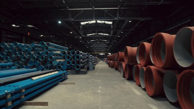 Pipeline components, pipes and fittings stored in warehouse inventory for industrial storage, construction and utilities supply.