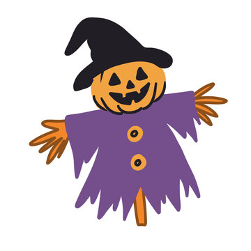 Hand drawn Halloween Pumpkin Scarecrow  vector illustration isolated on white bakground.