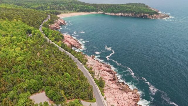 Aerial view of Sand Beach and the rocky coast of Acadia in Maine