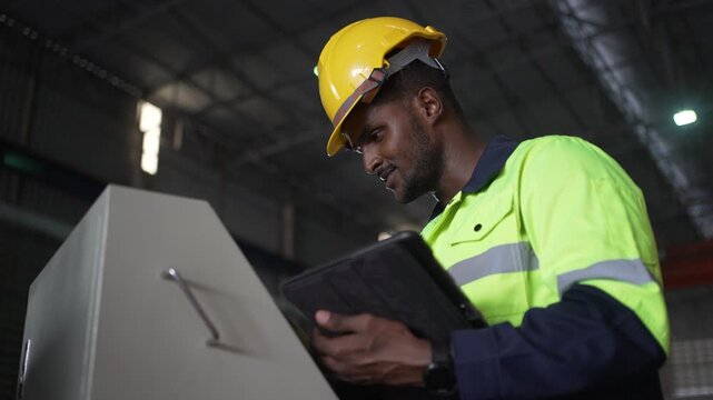 Engineer checks data on digital tablet in factory