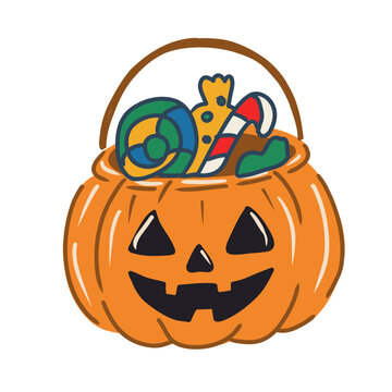 Hand drawn Halloween Pumpkin Candy Bucket vector illustration isolated on white bakground.