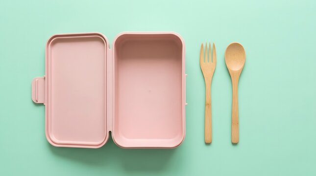 Open pink lunch box with wooden cutlery on a light teal background flat lay