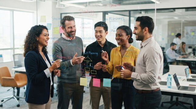 A group of five people standing in a modern office, discussing a project on a whiteboard with sticky notes.