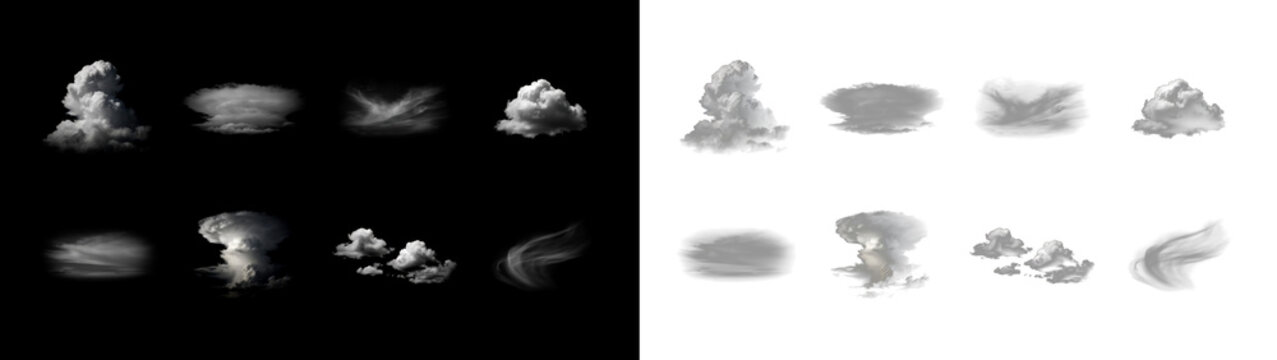 Set of various realistic clouds isolated on transparent background, collection of different cloud shapes for digital design and photo manipulation