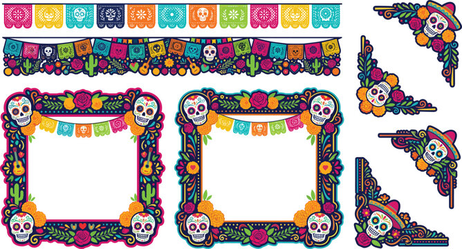 Mexican Day of the Dead Decorative Frame Collection with Sugar Skulls, Marigolds, Papel Picado, Floral Borders and Folk Art Ornaments
