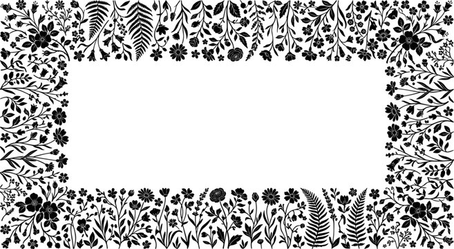 Black wildflower meadow rectangular floral frame border blossom fern leaves botanical decorative wedding monogram editable vector silhouette elegant vintage ornament