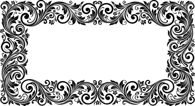 Black baroque scrollwork rectangular floral frame border flourish leaves botanical decorative wedding monogram editable vector silhouette ornate elegant vintage ornament