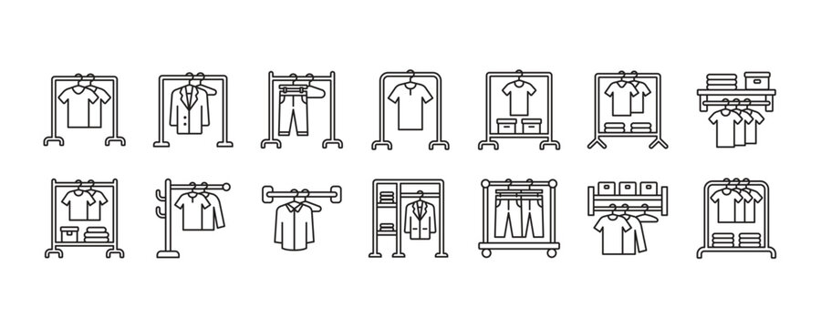Clothes Rack Outline Icon Set. Vector Graphic Illustration.