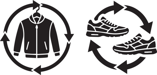 Fototapeta premium Clothing and shoes recycling vector icon set with jacket hanger and sneakers in circular arrows for sustainable fashion