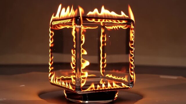 Transparent glass cube rotating on a black pedestal while bright flames and glowing orange light trace its edges in a dark studio setting