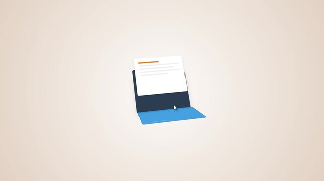 An open blue folder resting upright on a plain beige surface shows white papers inside, captured from a straight-on eye-level angle with soft lighting highlighting the minimalist modern