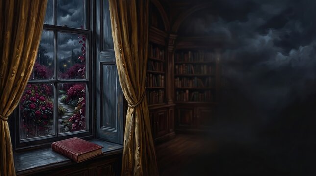 Old book resting on windowsill beside curtained window in library