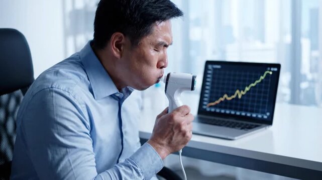 Asian man using peak flow meter near laptop with stock chart