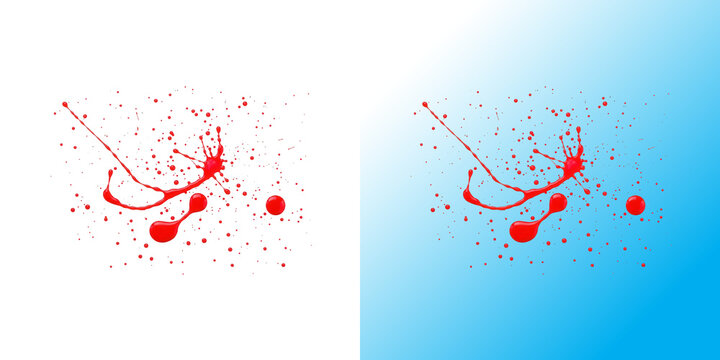 Red paint splatter design element with small dots and drops isolated on a white background