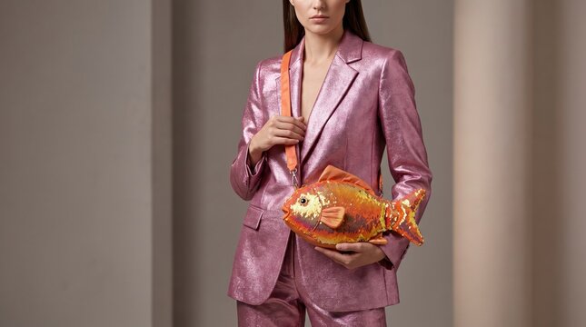 Woman holding fish purse during a daily activity indoors