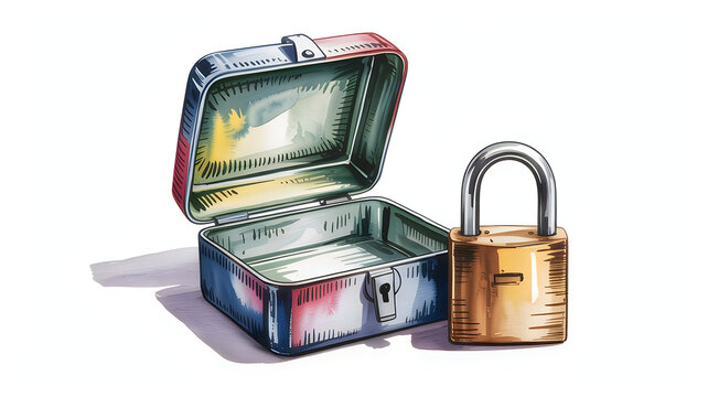 Open metal briefcase with digital lock and padlock