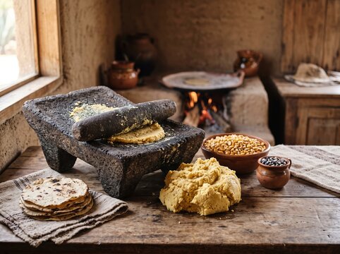 Corn dough being ground on stone metate in rustic kitchen