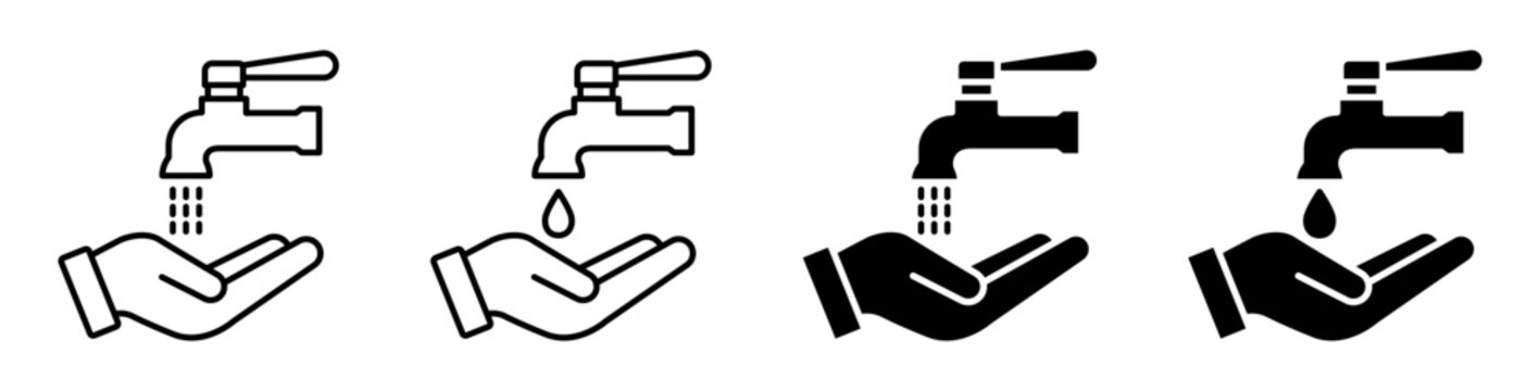 Hand wash water tap icon set. Vector symbols for hygiene, clean, health, and sanitary design.