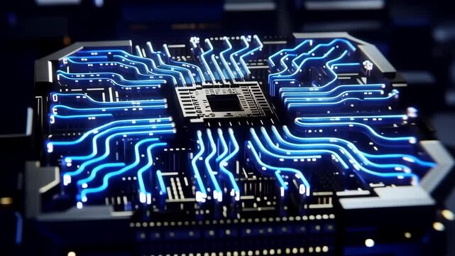 Futuristic computer circuit board with glowing blue pathways and central processor, illuminated electronic technology closeup in dark studio setting