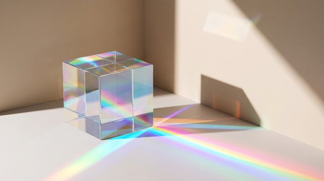 Transparent glass cube refracts vibrant prismatic light rays across a clean minimalist surface in this elegant high resolution digital render