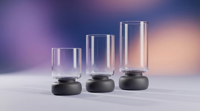 Modern clear glass cylinders with matte black circular bases arranged in a row to create a minimalist decorative aesthetic display