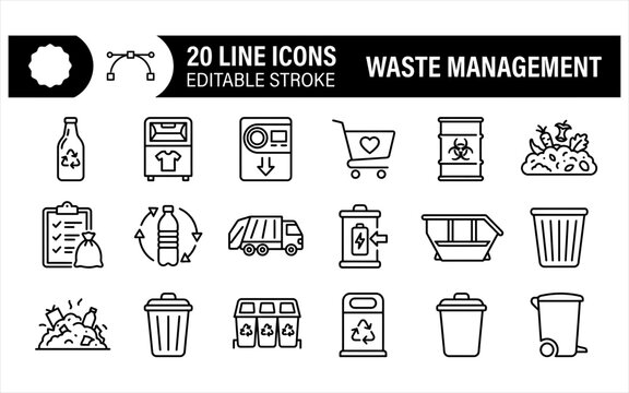 Waste management and recycling line icons with editable stroke include plastic bottle, trash bin, and garbage truck for environmental care.