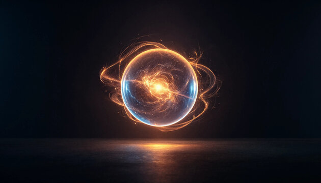 Glowing energy sphere with swirling light trails floating above dark reflective surface at night