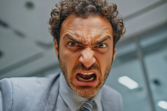 Furious businessman yelling in anger with intense facial expression in office