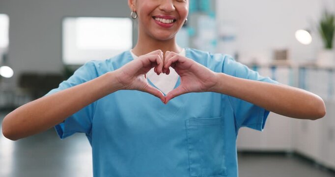 Hands, woman and nurse at clinic with heart, kindness and nomination appreciation of medical support. Smile, female person or nursing with love gesture, thank you and gratitude for healthcare service